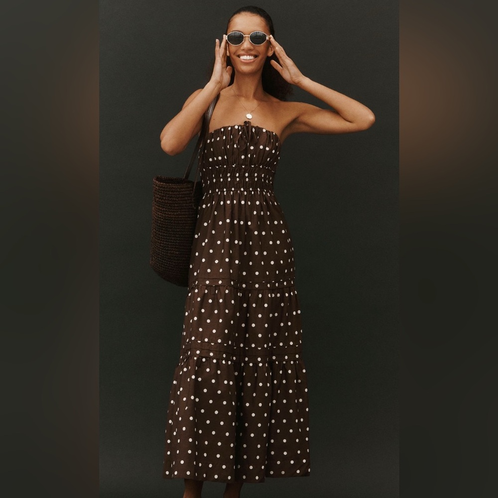 Anthropologie Brown Strapless Dress with White Polka Dots